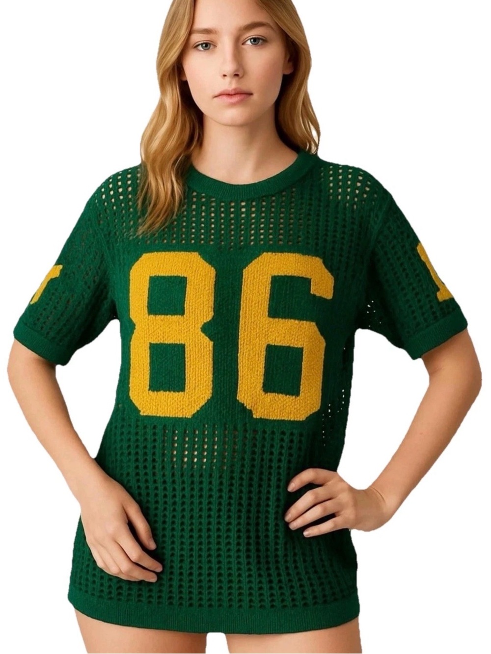Green Mesh Knit Dog Jersey Shirt, Yellow 86 Star Sleeves Breathable Women Sz S